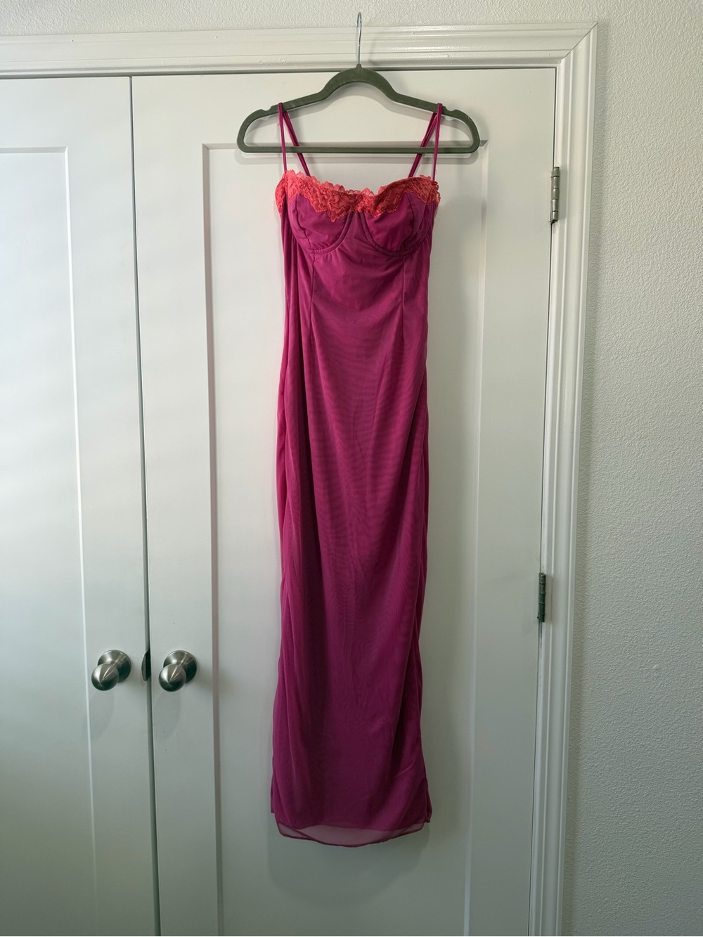 House of CB Hot Pink Maxi Dress with Pale Pink Lace Trim - Picture 2 of 7